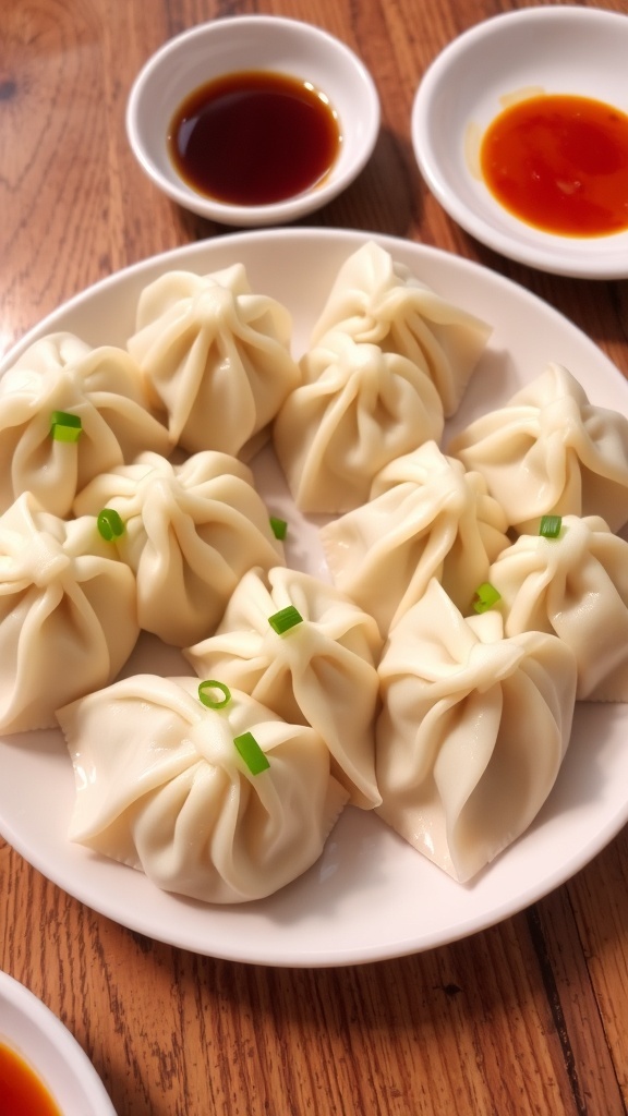 Steamed Xiao Long Bao dumplings on a plate with soy sauce and chili oil.